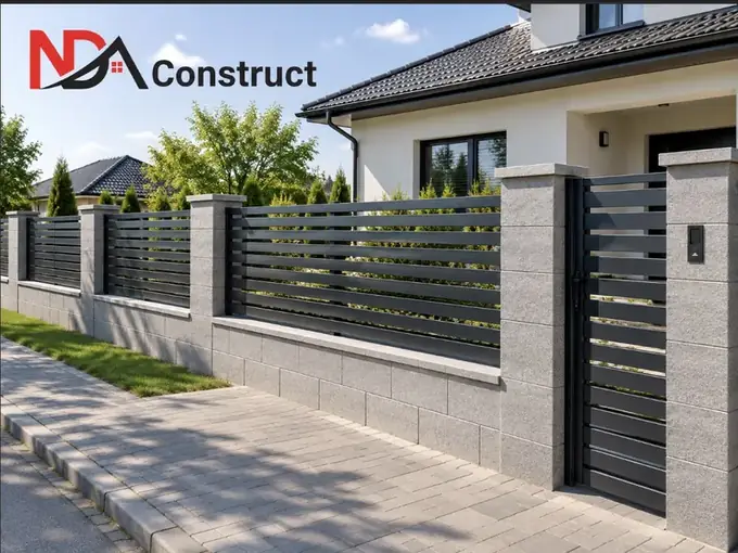 Gard din plăci de beton cu panouri metalice și poartă