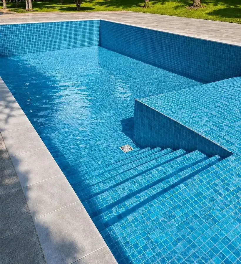Piscină placată cu mozaic, cu trepte pe toată lățimea