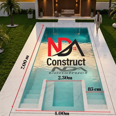 Proiect de piscină 7,00 x 4,00 m, cu trepte late